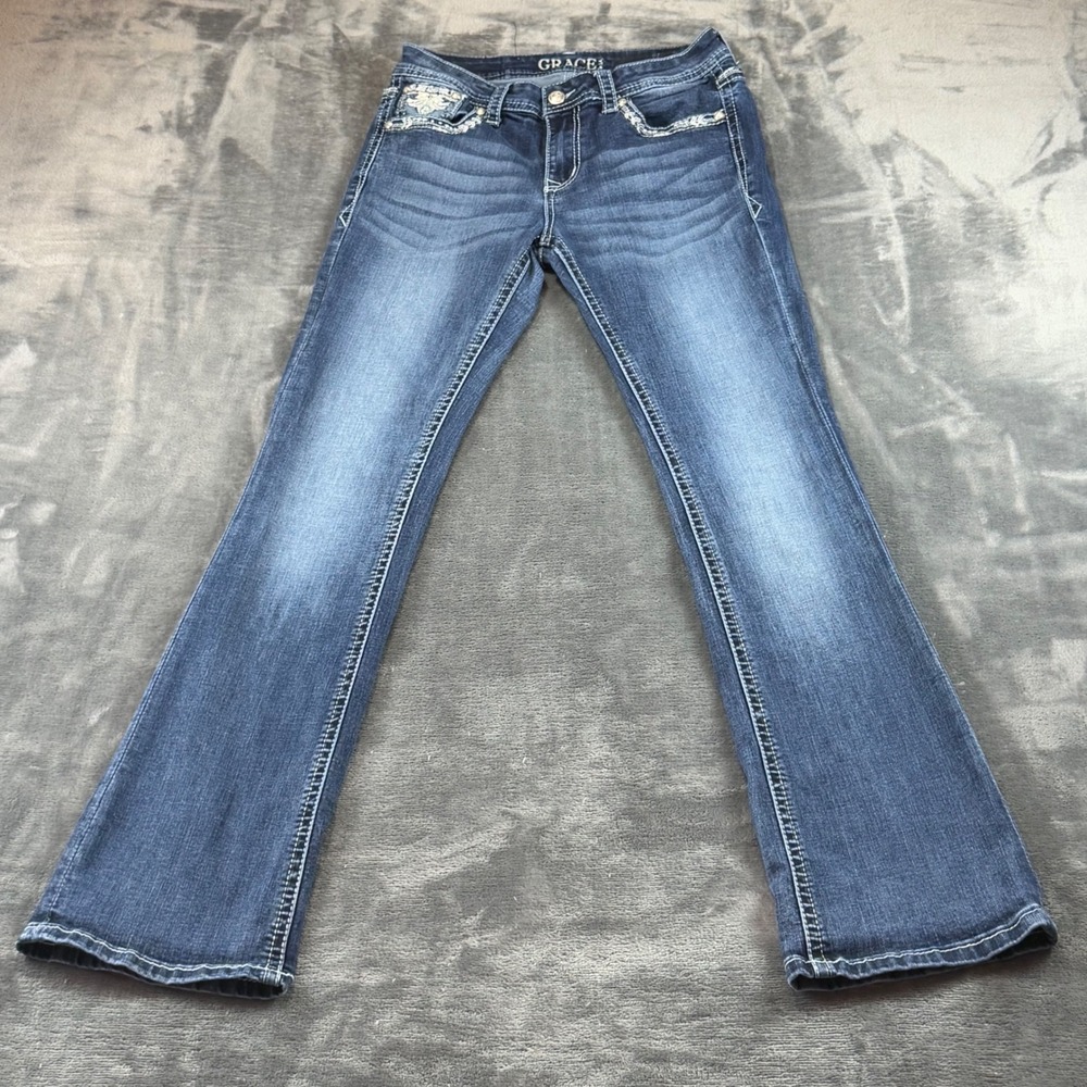Grace in LA Women Medium Wash Embellished Bootcut Jeans Size 27 EB81273